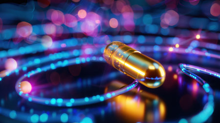 This stunning image features a golden capsule lying against a backdrop of colorful light trails and captivating bokeh effects, creating a vibrant and modern atmosphere.の素材