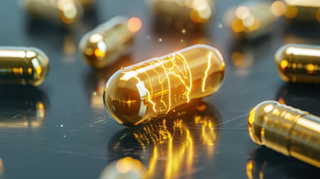 Close-up view of shiny golden capsules infused with dynamic sparks, reflecting light on a dark surface, perfect for themes of health and science.の素材