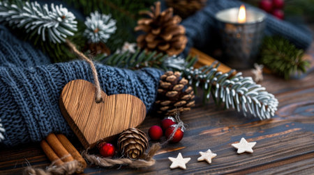 This charming winter arrangement features a wooden heart alongside natural elements like pine cones and berries, creating a warm and festive atmosphere.の素材