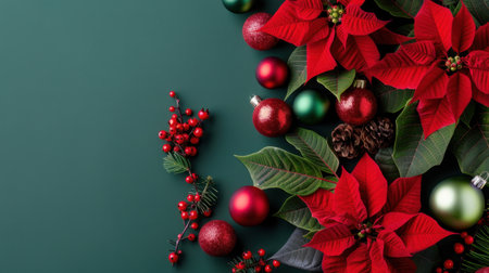 Discover a stunning arrangement of red poinsettias, shiny ornaments, and evergreen foliage set against a deep green backdrop, perfect for holiday cheer.の素材