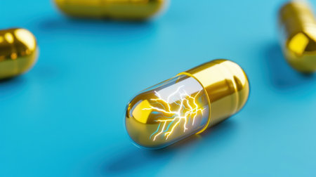 This image features a stunning golden capsule infused with electric energy, set against a vibrant blue background, symbolizing health and innovation.の素材