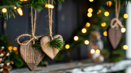 Charming rustic wooden hearts hung with twine create a warm holiday ambiance. Delicate fairy lights and lush greenery enhance the cozy, festive mood.の素材