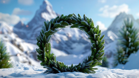 A beautifully crafted evergreen wreath adorned with frost rests in a wintry landscape, featuring majestic mountains under a bright sky, creating a serene winter scene.の素材