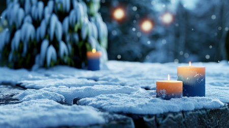 A serene winter scene captures bright candles glowing amid fresh snow, creating a warm atmosphere during a cold evening. Perfect for holiday themes.の素材