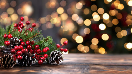 Beautiful arrangement of pine cones and red berries set against a softly blurred background of festive holiday lights on a rustic wooden table.の素材
