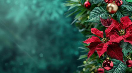 This image captures the essence of Christmas with vibrant red poinsettias and shiny ornaments, set against a beautifully blurred background, creating a festive atmosphere.の素材