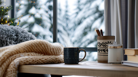 This cozy winter scene features a warm cup of beverage beside a soft blanket on a wooden table, with a snowy landscape visible through the window, evoking a sense of comfort and tranquility.の素材