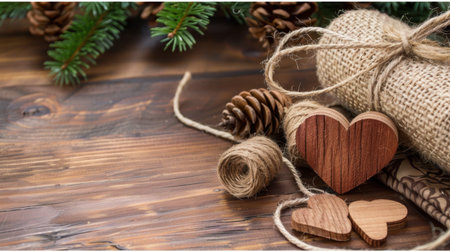 A charming rustic arrangement featuring wooden hearts, pinecones, and twine on a wooden surface, perfect for holiday decoration and gift presentation.の素材