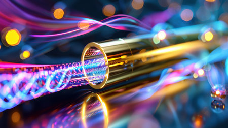 A mesmerizing display of colorful light trails flowing through a shiny metallic tube, creating an ethereal and dynamic visual experience.の素材