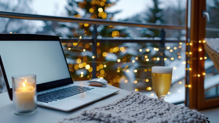 A cozy winter workspace featuring a laptop, a lit candle, and a beer glass, set against a backdrop of a beautifully decorated Christmas tree and warm bokeh lights.の素材