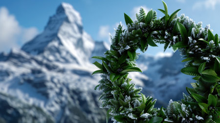 A beautiful scene showcasing a green fern wreath in the foreground, framing a majestic snow-capped mountain under a clear blue sky. Perfect for nature and outdoor themes.の素材