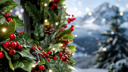 A stunning close-up of a beautifully decorated Christmas wreath featuring holly leaves, bright berries, and pinecones, adorned with sparkling lights. The serene winter mountain backdrop adds to the festive atmosphere, capturing the joy of the holiday season.の素材