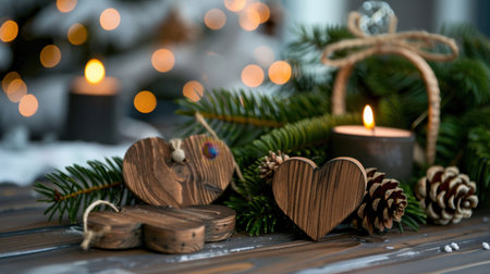 A serene arrangement featuring rustic wooden heart decorations, pinecones, and glowing candles, perfect for enhancing a cozy Christmas ambiance at home.の素材