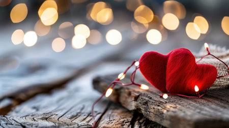 A beautifully arranged heart decoration surrounded by twinkling lights on a rustic wooden surface, capturing the essence of love, warmth, and celebration.の素材