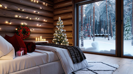 A cozy rustic bedroom adorned with Christmas decorations, twinkling lights, and a stunning winter forest view, perfect for a peaceful holiday retreat.の素材
