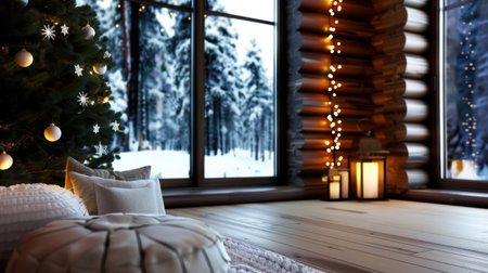 A warm and cozy winter cabin interior featuring a beautifully decorated Christmas tree and large windows revealing a scenic snowy landscape, perfect for holiday relaxation.の素材