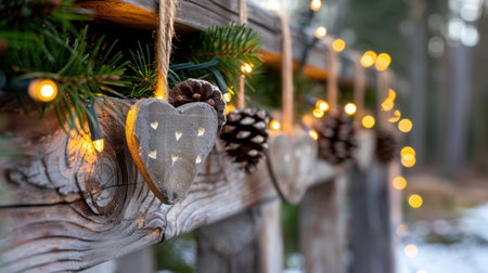 A charming display of rustic wooden hearts and pinecones adorned with twinkling lights, set against a serene outdoor background, perfect for festive decoration ideas.の素材