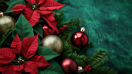 This festive image features vibrant red poinsettias and golden ornaments against a rich teal background, capturing the essence of holiday spirit and celebration.の素材