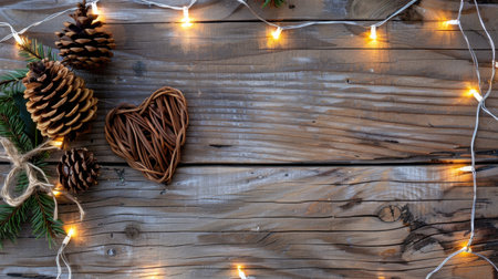 This image features a rustic wooden background adorned with pine cones, fairy lights, and a woven heart, ideal for celebrating the holiday season in a cozy setting.の素材