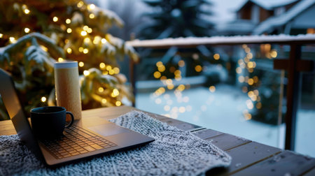 A serene winter workspace featuring a laptop and coffee cup on a cozy table, surrounded by festive holiday lights and a snowy landscape.の素材