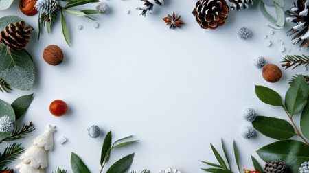 This image features a beautifully arranged collection of pine cones, greenery, and decorative elements, perfect for enhancing holiday decor and celebrations.の素材