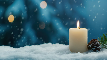Experience the tranquil beauty of a lit candle against a snowy backdrop, creating a warm ambiance. Perfect for winter themes, holidays, and serene moments.の素材