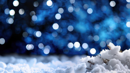A captivating winter scene featuring a soft snow blanket and shimmering blue bokeh lights in the background, perfect for holiday themes and serene moments.の素材