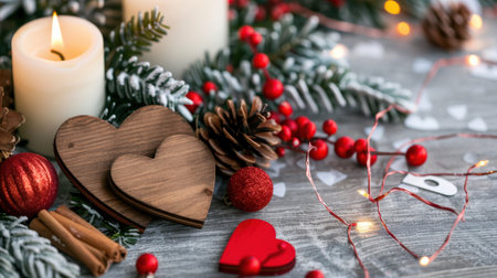 Embrace the holiday spirit with this cozy Christmas decor featuring wooden hearts, candles, pinecones, and festive accents, perfect for celebrating joy.の素材