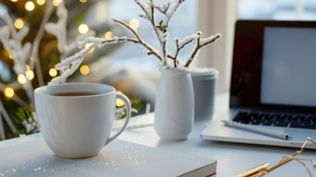 A serene desk scene featuring a warm cup of tea beside a laptop, adorned with winter decorations and soft natural light, perfect for cozy moments.の素材