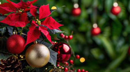 This stunning image showcases a beautiful arrangement of poinsettia and Christmas ornaments, embodying the festive spirit of the holiday season in vibrant colors.の素材