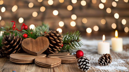 A charming arrangement featuring wooden heart decorations, pinecones, and candles, set against a backdrop of twinkling Christmas lights, evoking warmth and celebration.の素材
