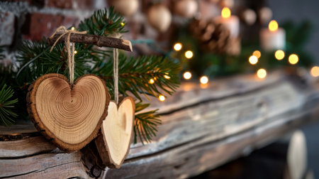 Beautiful rustic wooden heart decorations hang from a branch on a festive mantle, surrounded by greenery and soft glowing lights, creating a cozy ambiance.の素材