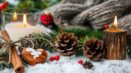 A serene winter scene featuring candles, pine cones, and cinnamon sticks on a wooden table, evoking feelings of warmth and festive joy during the holiday season.の素材