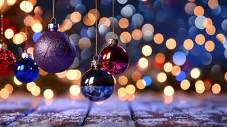 This festive image showcases vibrant Christmas ornaments hanging against a beautifully blurred background of sparkling lights, perfect for holiday spirit.の素材