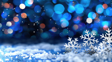 Captivating winter scene featuring delicate snowflakes on a shimmering blue background with gentle falling snowflakes, evoking a serene and festive atmosphere.の素材