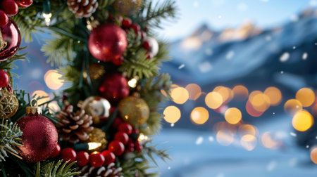 This vibrant Christmas wreath features red and gold ornaments, pine cones, and sparkling lights, set against a beautiful winter landscape, evoking holiday cheer.の素材