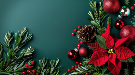 A beautiful holiday arrangement featuring a vibrant poinsettia, pinecones, and red ornaments on a dark green background, perfect for festive celebrations.の素材
