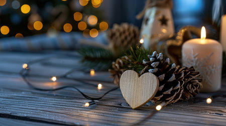 A serene holiday arrangement featuring a wooden heart, pine cones, and a glowing candle amidst warm bokeh lights, creating a cozy festive atmosphere.の素材