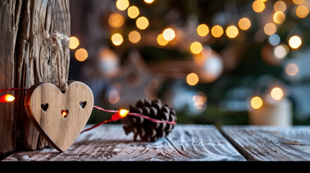 A charming holiday scene features a wooden heart and pine cone, complemented by beautiful twinkling lights creating a warm, inviting atmosphere.の素材