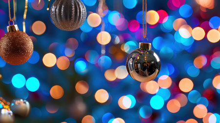 A captivating close-up of colorful Christmas ornaments suspended with twinkling lights in the background. Ideal for holiday-themed projects.の素材