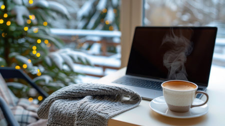 A cozy winter workspace featuring a steaming cup of hot drink, a laptop, and a soft knitted scarf, creating a warm and inviting atmosphere.の素材