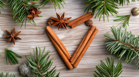 A creative arrangement of cinnamon sticks and star anise in a heart shape, surrounded by lush greenery on a textured wooden surface, perfect for seasonal decor.の素材