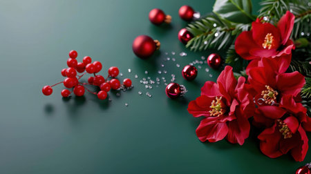 A stunning arrangement showcasing vibrant red flowers and decorative elements on a rich green background, perfect for holiday themes and celebrations.の素材