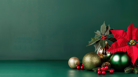 A stunning Christmas decoration featuring a mix of vibrant green and gold ornaments, holly leaves, pinecones, and a beautiful poinsettia, set against a dark green background, perfect for capturing the festive spirit.の素材