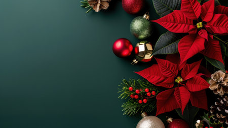 Bright and cheerful holiday arrangement featuring red poinsettia flowers, shiny ornaments, and pinecones against a dark background, evoking the festive spirit.の素材