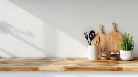 A beautifully arranged kitchen counter featuring wooden utensils and a green plant, illuminated by soft sunlight, creating a cozy and inviting atmosphere.の素材