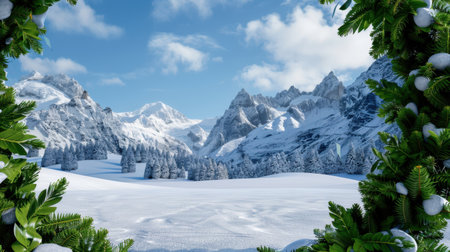 A breathtaking winter landscape showcasing majestic snow-covered mountains and a tranquil evergreen forest, framed by vibrant green foliage under a bright blue sky.の素材
