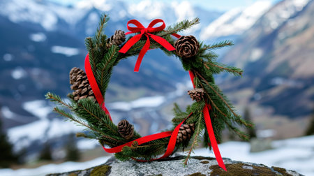 A beautifully crafted Christmas wreath featuring pine cones and a vibrant red ribbon, set against a breathtaking snowy mountain backdrop during winter.の素材