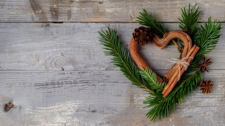 This image showcases a rustic heart shape crafted from twigs, elegantly arranged with pine branches and cinnamon sticks on a wooden surface. Perfect for seasonal themes.の素材