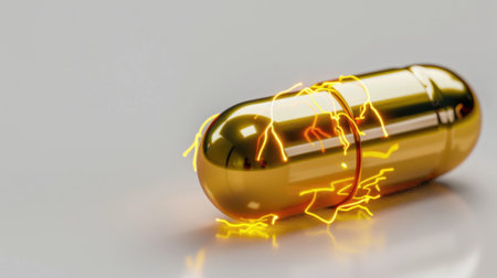 This image portrays a golden capsule surrounded by electric energy sparkles, representing health and wellness. Ideal for pharmaceutical or nutrition concepts.の素材
